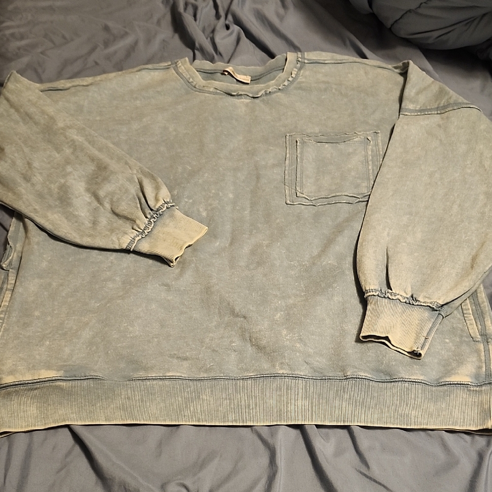 Zenana Outfitters Washed Blue Crewneck Sweater
